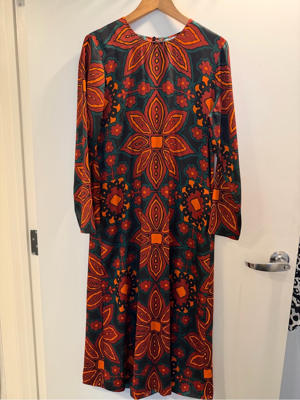 Zara Long-Sleeve Floral Midi Dress in Orange and Green